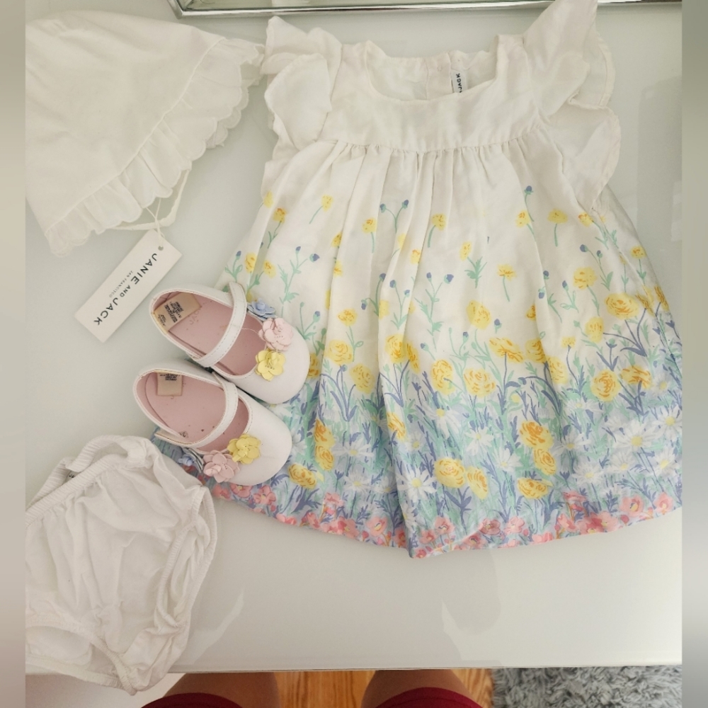 Janie and Jack Set, Dress, shoes, cap, and undies